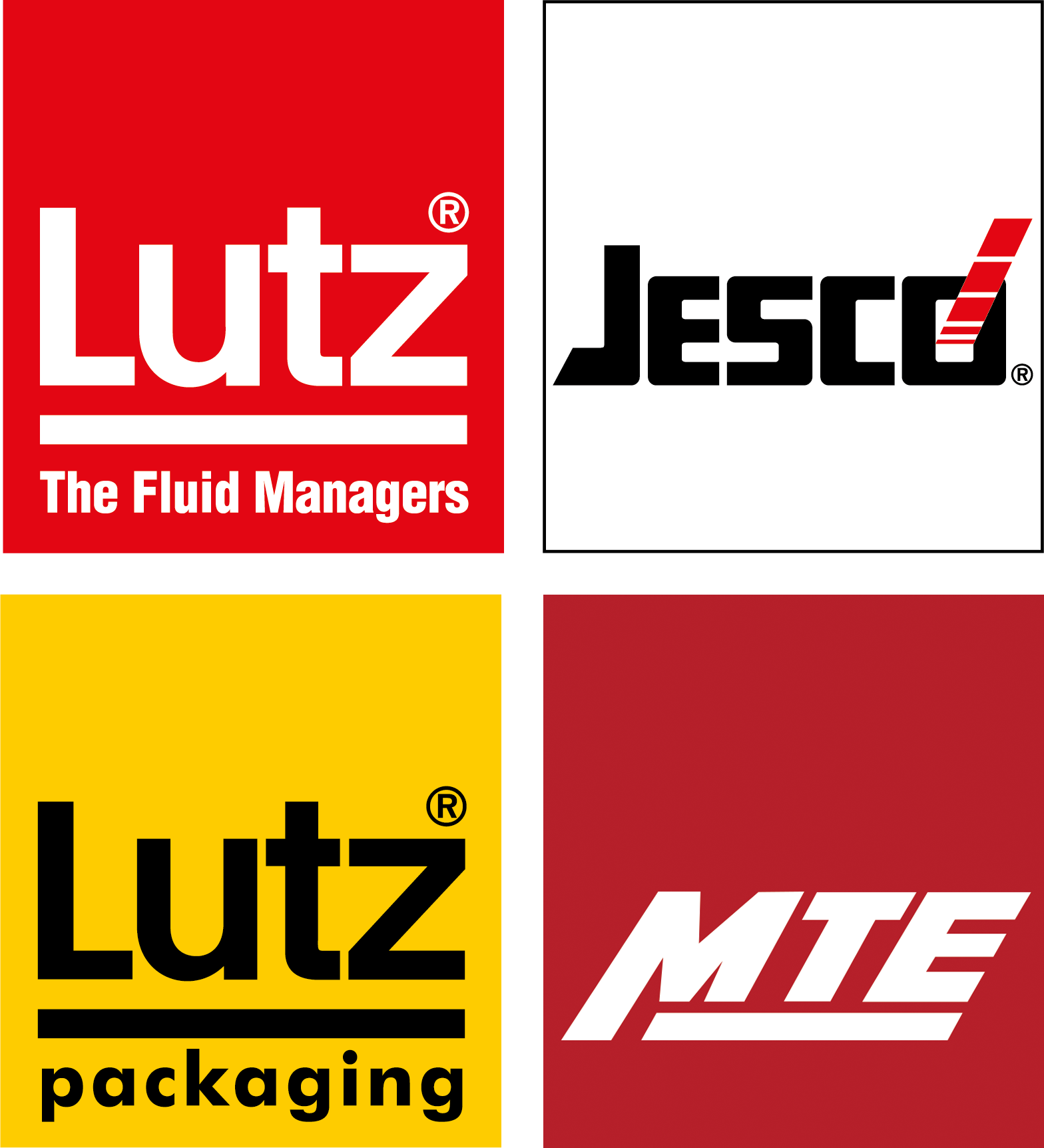 Im Kreis angeordnLogos von Lutz Pumpen, Lutz-Jesco, Lutz Packaging und MTEete quadratische Logos von Lutz Pumpen, Lutz-Jesco, Lutz Packaging und MTE 